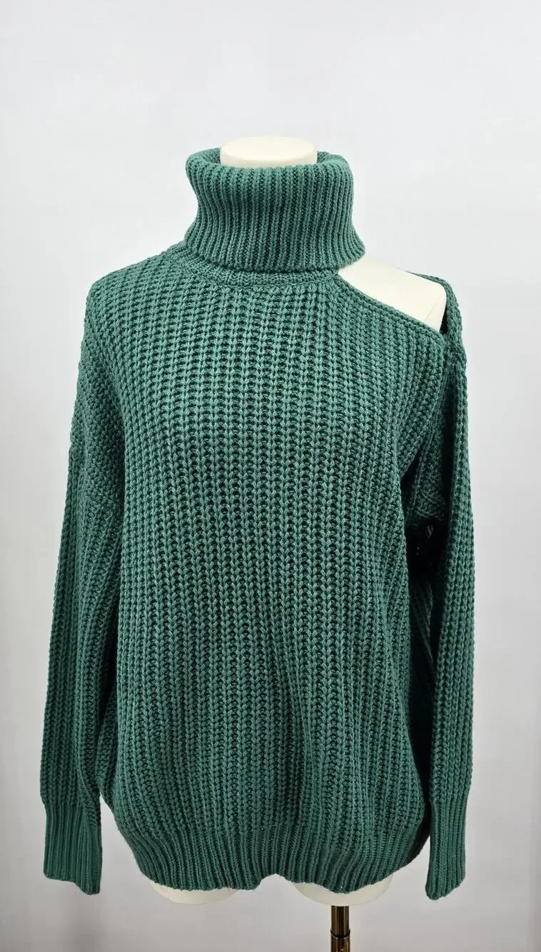 La Meil Minimalist Modern Cozy Casual Chic Pastel Jade Shoulder Cut Out‎ Sweater